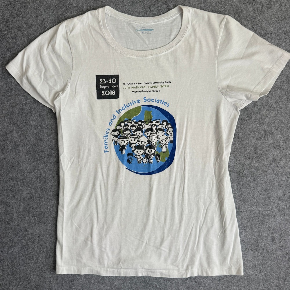 Bluebay Womens M T Shirt White Graphic 2018 National Family Week LDS Crew Neck